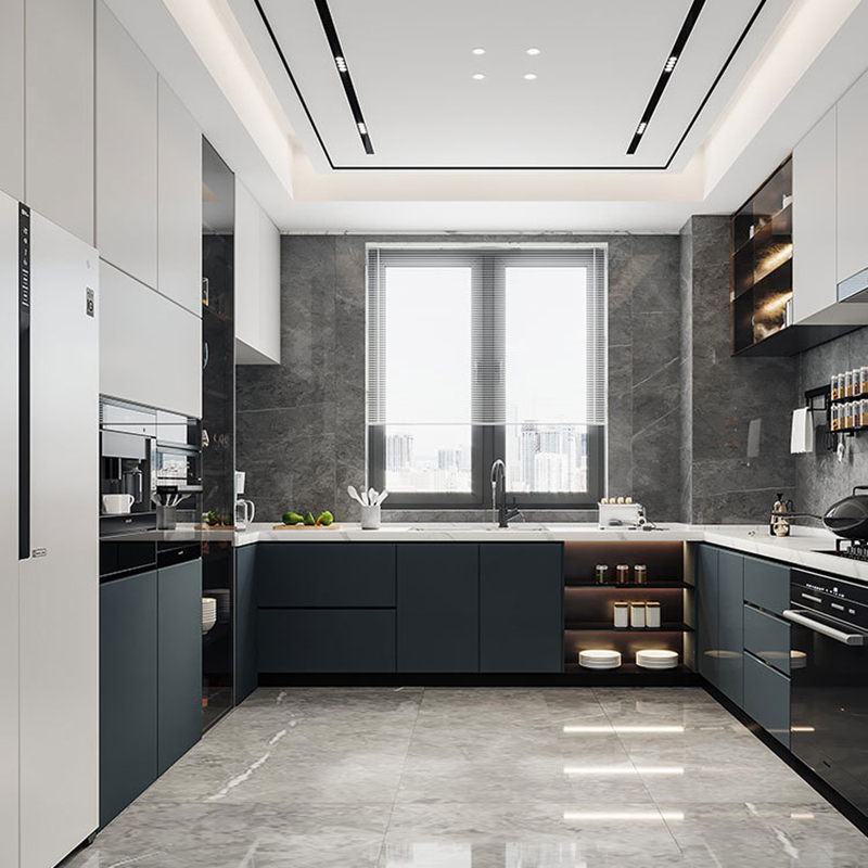 2024 modern Custom high gloss white oak melamine board kitchen cabinet u shape designs 